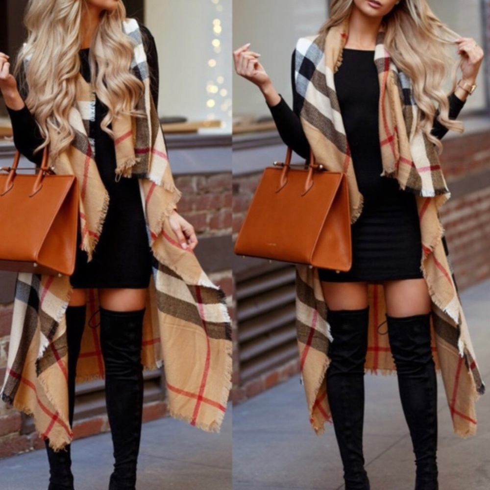 Plaid Tan and Black Women's Scarf